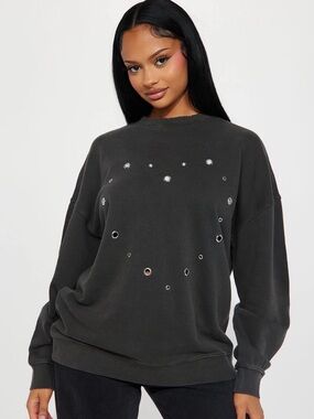 NWT Fashion Nova Cotton Charcoal Metal Eyelet Crewneck Sweatshirt